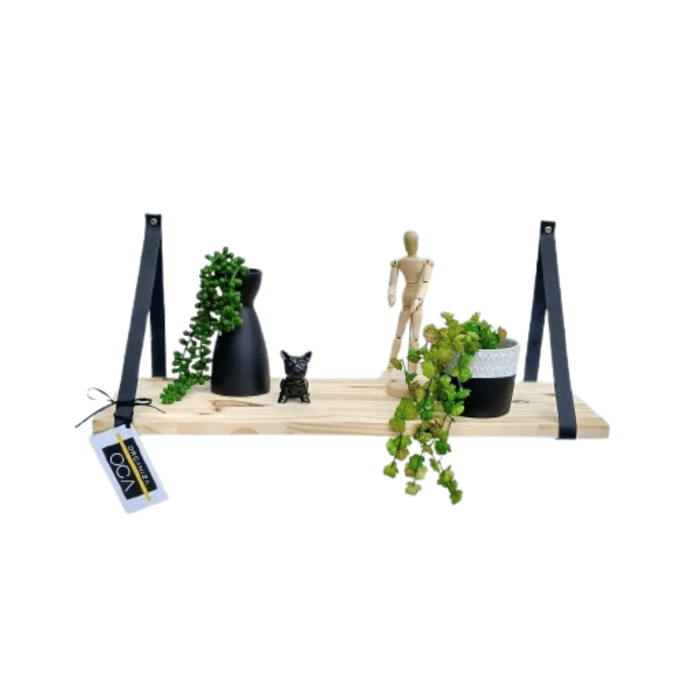 Prateleira Pinus 50x20cm Com Alça Couro Preto Mglass
